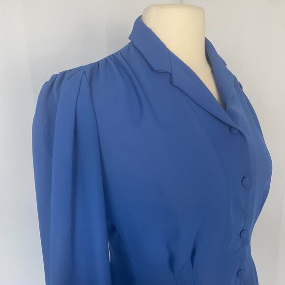 Vintage Blouse Top Size XS Small Royal Blue Puff Sleeve Secretary Retro Twee - Picture 4 of 13